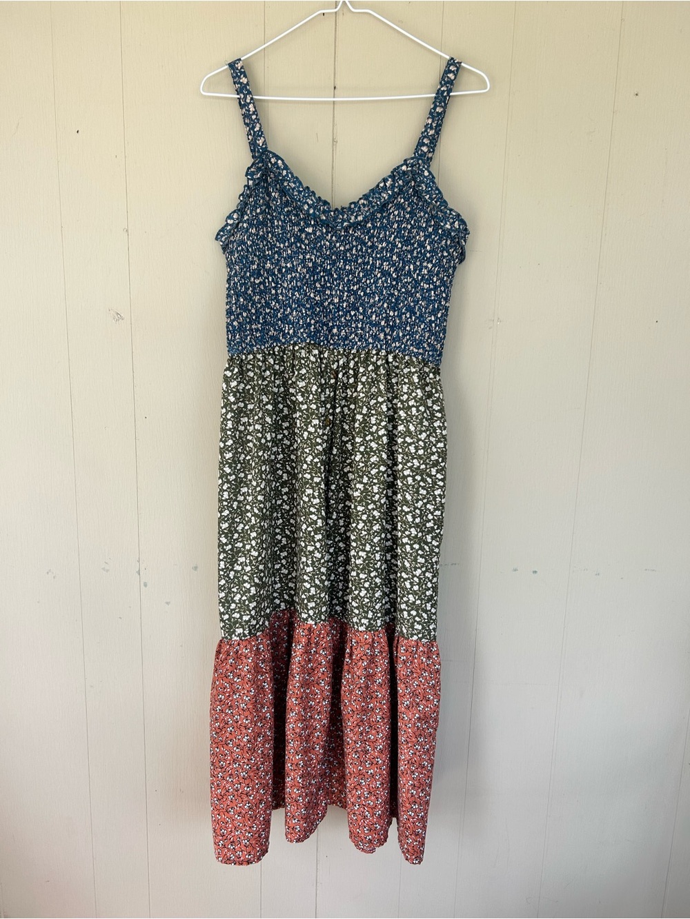 Tiered Floral Midi Dress in Blue, Green & Coral - Women